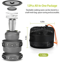 12PCS Aluminum Camping Cookware Pot Kettle Set