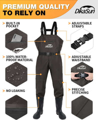 DikaSun Lightweight Bootfoot Chest Waders with Boots — Men & Women Fishing Waders for Duck Hunting & Fly Fishing (US Sizes, Brown)