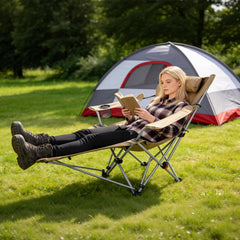 Reclining Camping Chair with Footrest 4-Position Adjustable Outdoor Folding Chair Heavy Duty Portable Camping Lounge Chair with Headrest Cup Holder &