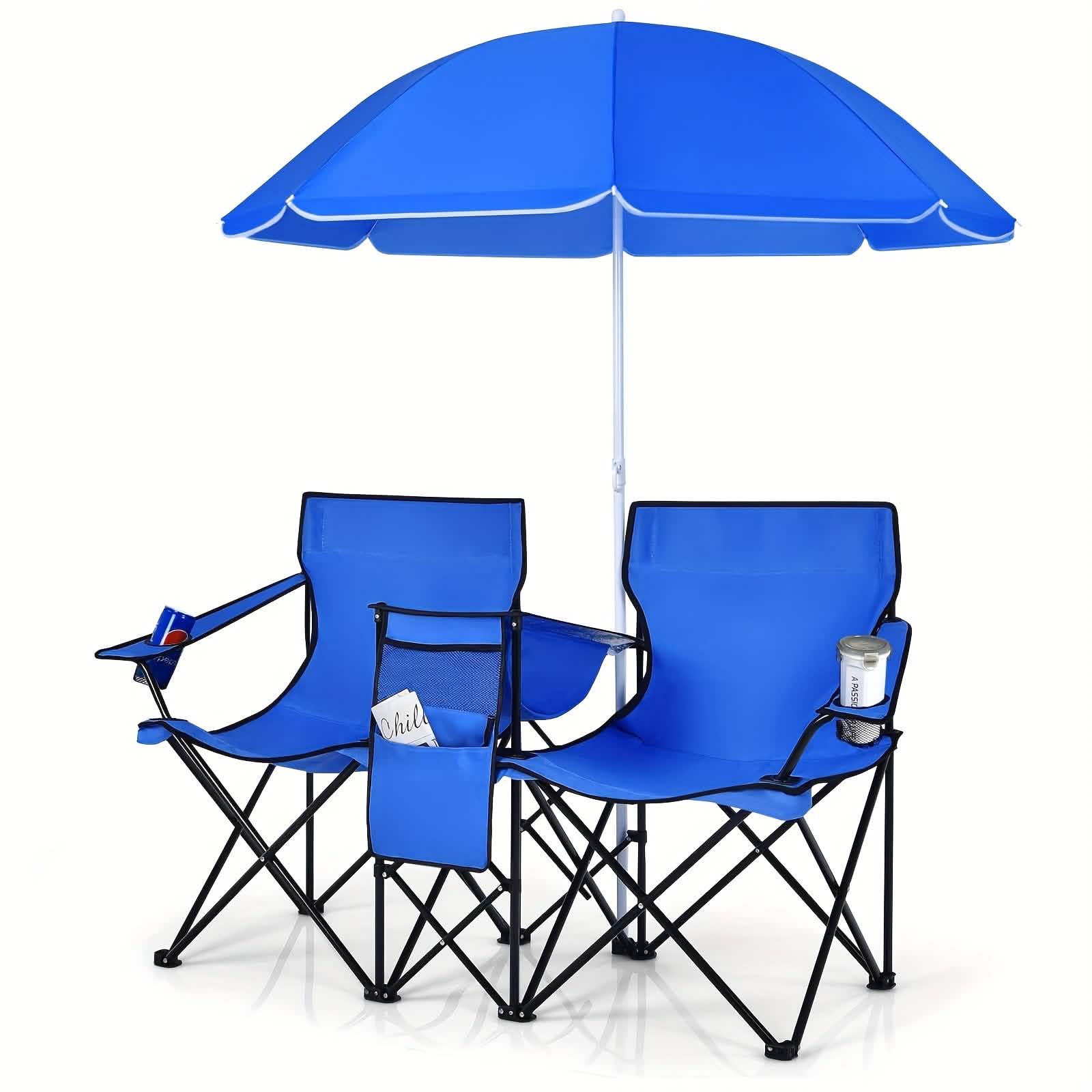 Folding Double Camping Chair with Umbrella (Blue)