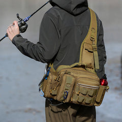 Men's Fishing Backpack: Equipped with bait box, equipment storage bag, pole holder, sling & shoulder bag design.