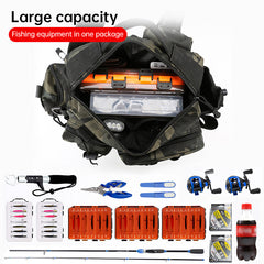 Men's Fishing Backpack: Equipped with bait box, equipment storage bag, pole holder, sling & shoulder bag design.
