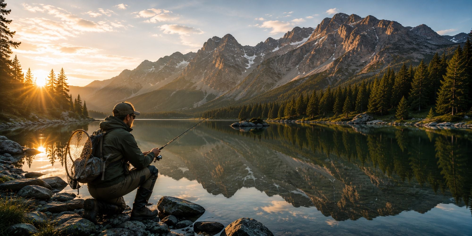 Person fishing by a lake with mountains in the background during sunset.