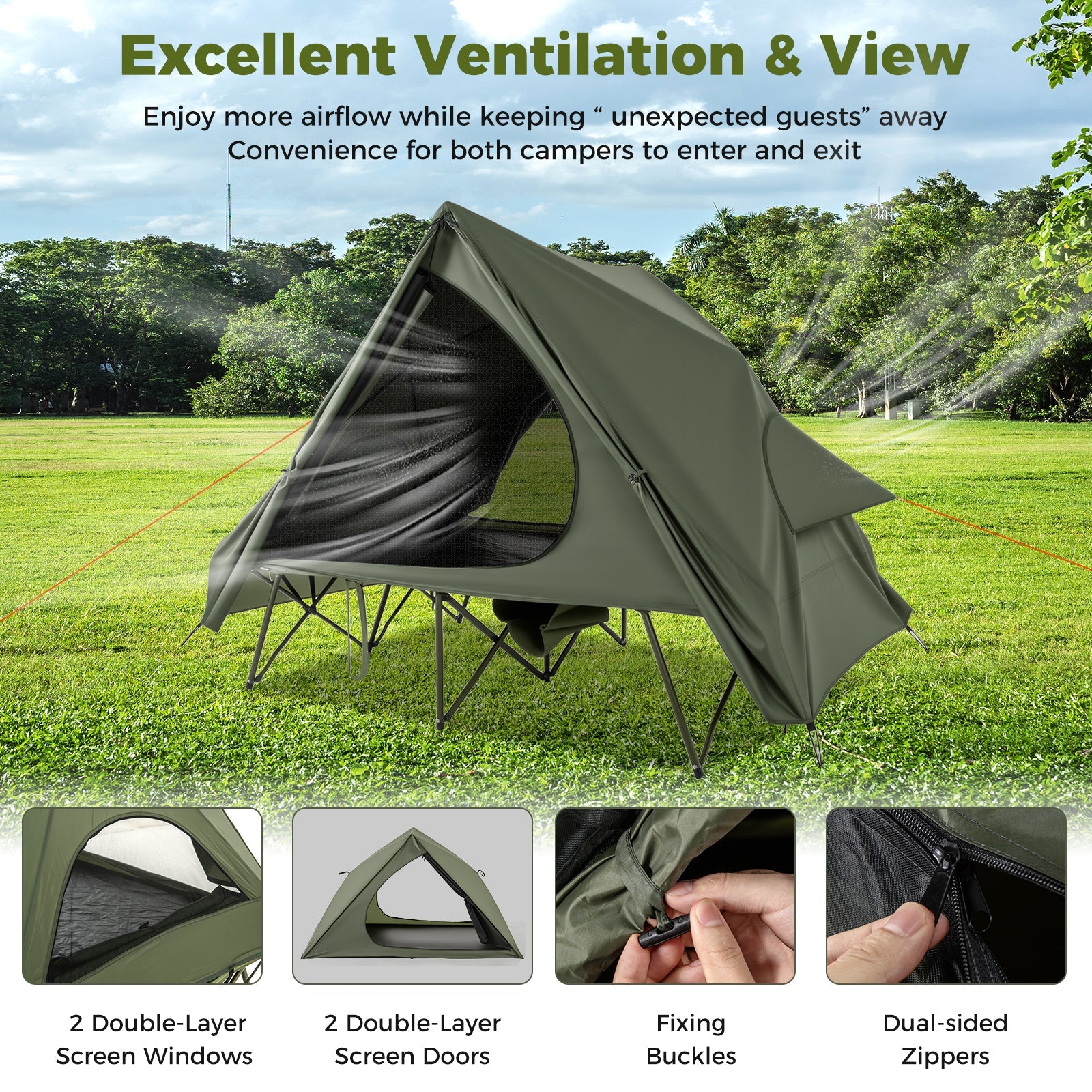 Foldable 2-Person Camping Cot Tent with Pop-up Tent Shelter and Portable Wheeled Bag-Green