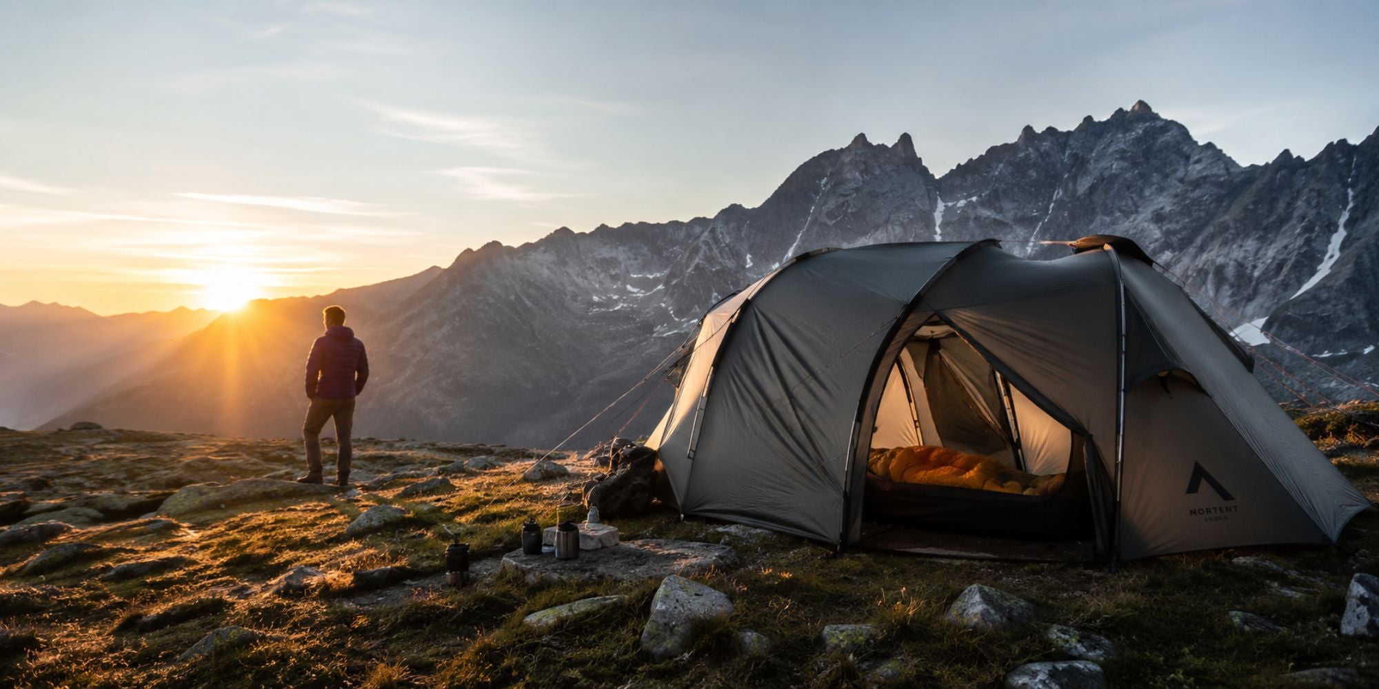 Camping tent on a mountain with a person standing nearby during sunset.