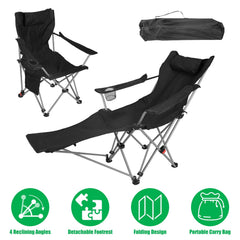Reclining Camping Chair with Footrest 4-Position Adjustable Outdoor Folding Chair Heavy Duty Portable Camping Lounge Chair with Headrest Cup Holder &